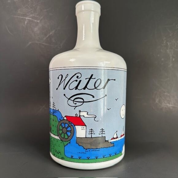 Lillian Vernon Milk Glass Water Jug 1980s Painted Lake Mountains Sailboats VTG - Picture 1 of 16